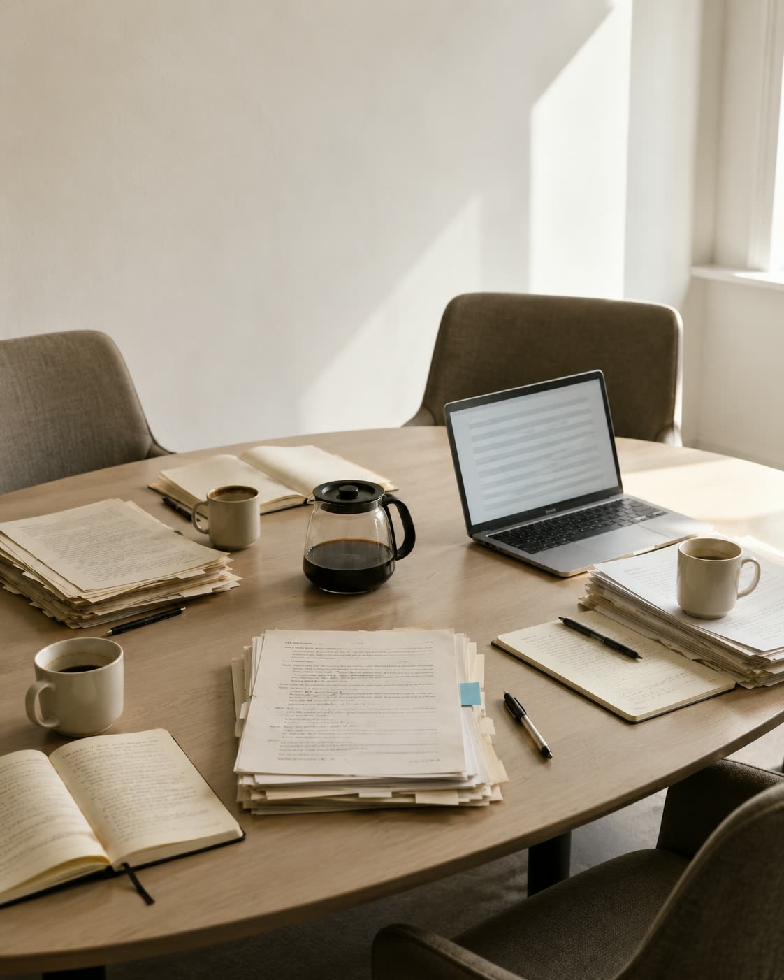 A meeting table set for three, drafts and notebooks open, early morning.